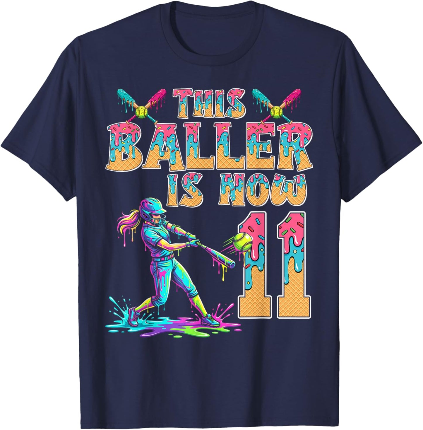 This Baller is Now 11 Years Old Birthday Girl Softball 11th T-Shirt - T-Shirt | Navy