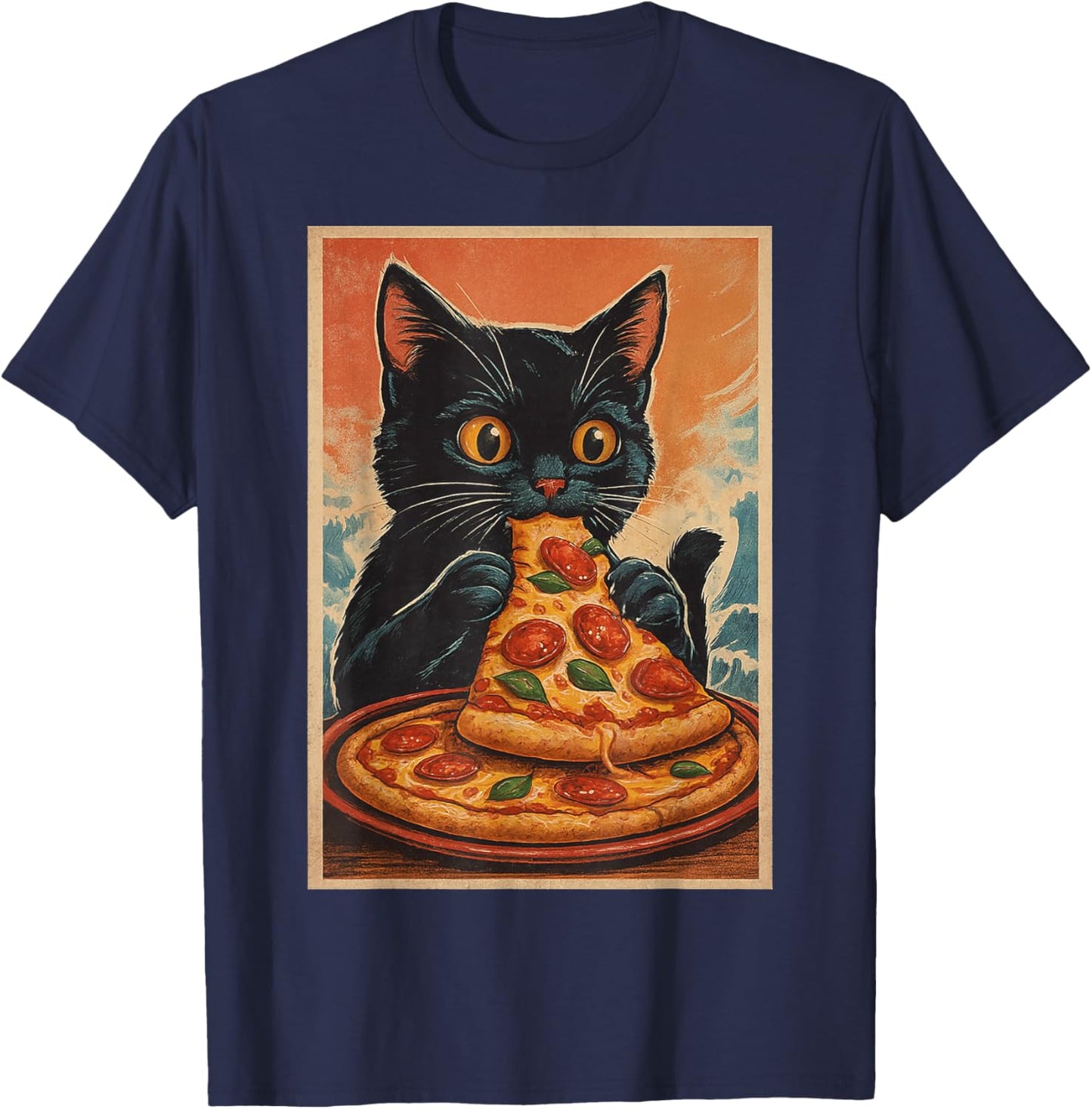 Funny Black Cat Eating Pizza Retro Japanese T-Shirt - T-Shirt | Navy