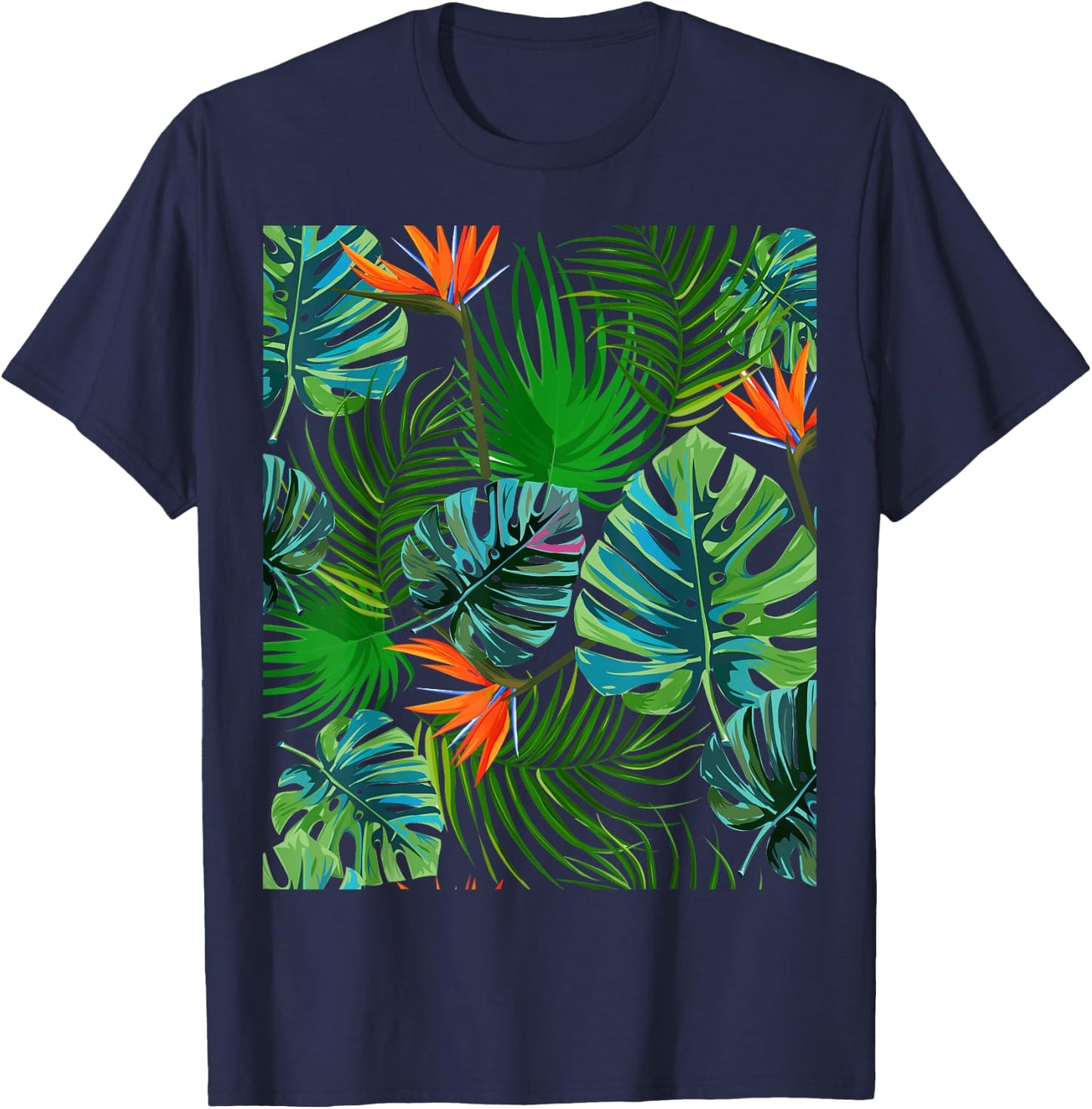Birds of Paradise Tropical Floral Pattern Printed T-Shirt - T-Shirt | Navy