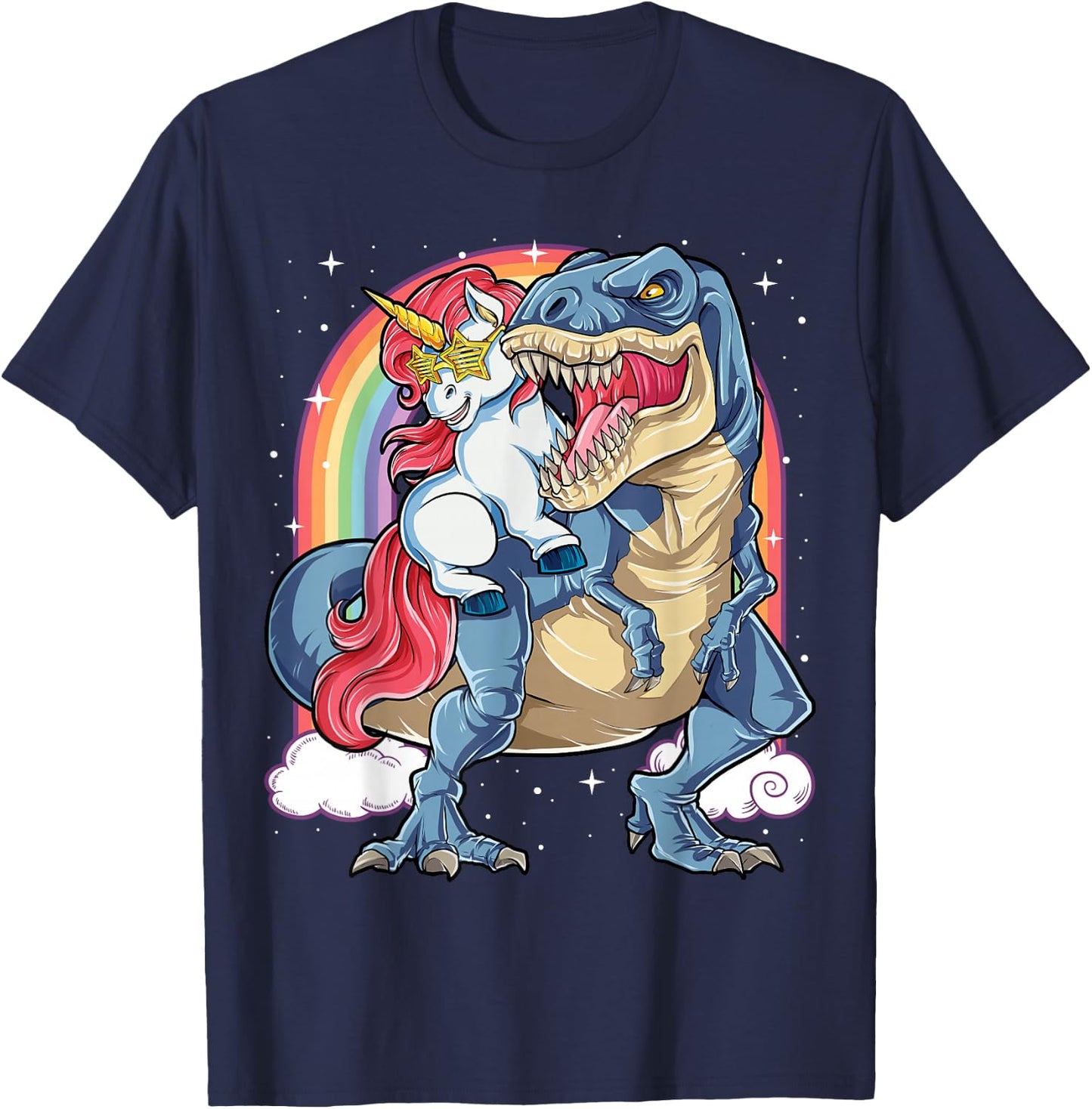 Unicorn Riding T rex Dinosaur Boys Girls Men Women Rainbow T-Shirt - T-Shirt | Navy