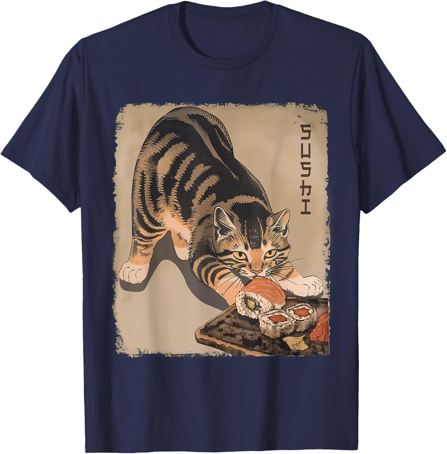 Kawaii Cat Eating Sushi Funny Japanese Anime Cute Cat Girls T-Shirt - T-Shirt | Navy