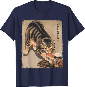 Kawaii Cat Eating Sushi Funny Japanese Anime Cute Cat Girls T-Shirt - T-Shirt | Navy