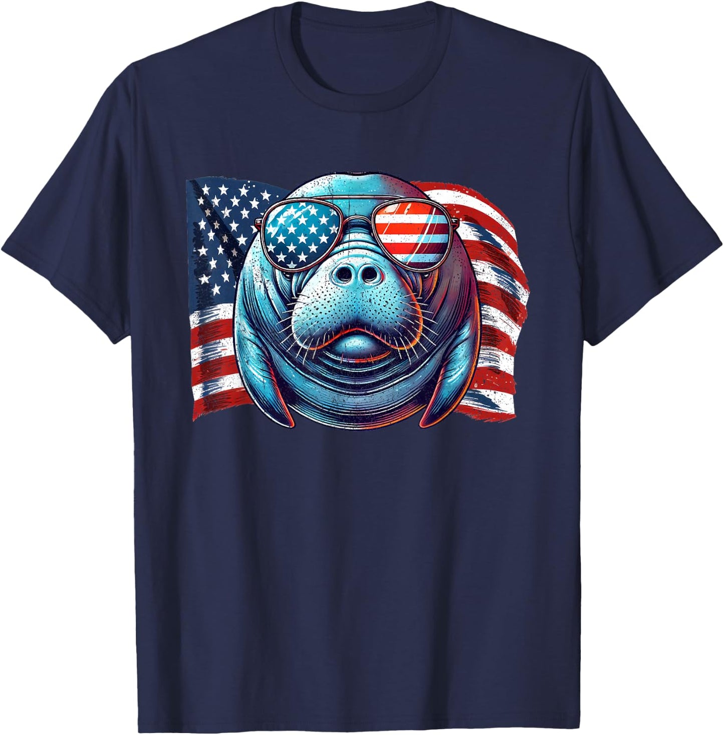 Vintage Manatee USA Flag Animals Lovers Patriotic Sunglasses T-Shirt - T-Shirt | Navy