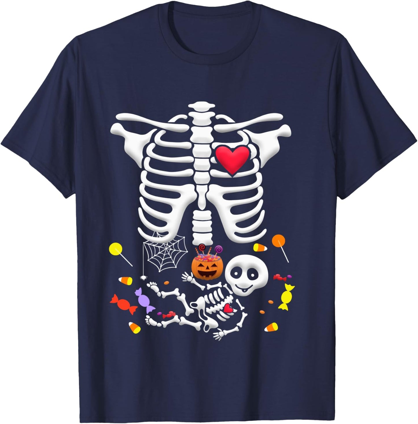 Candy Pumpkin Baby Skeleton Pregnancy Halloween Shirt T-Shirt - T-Shirt | Navy