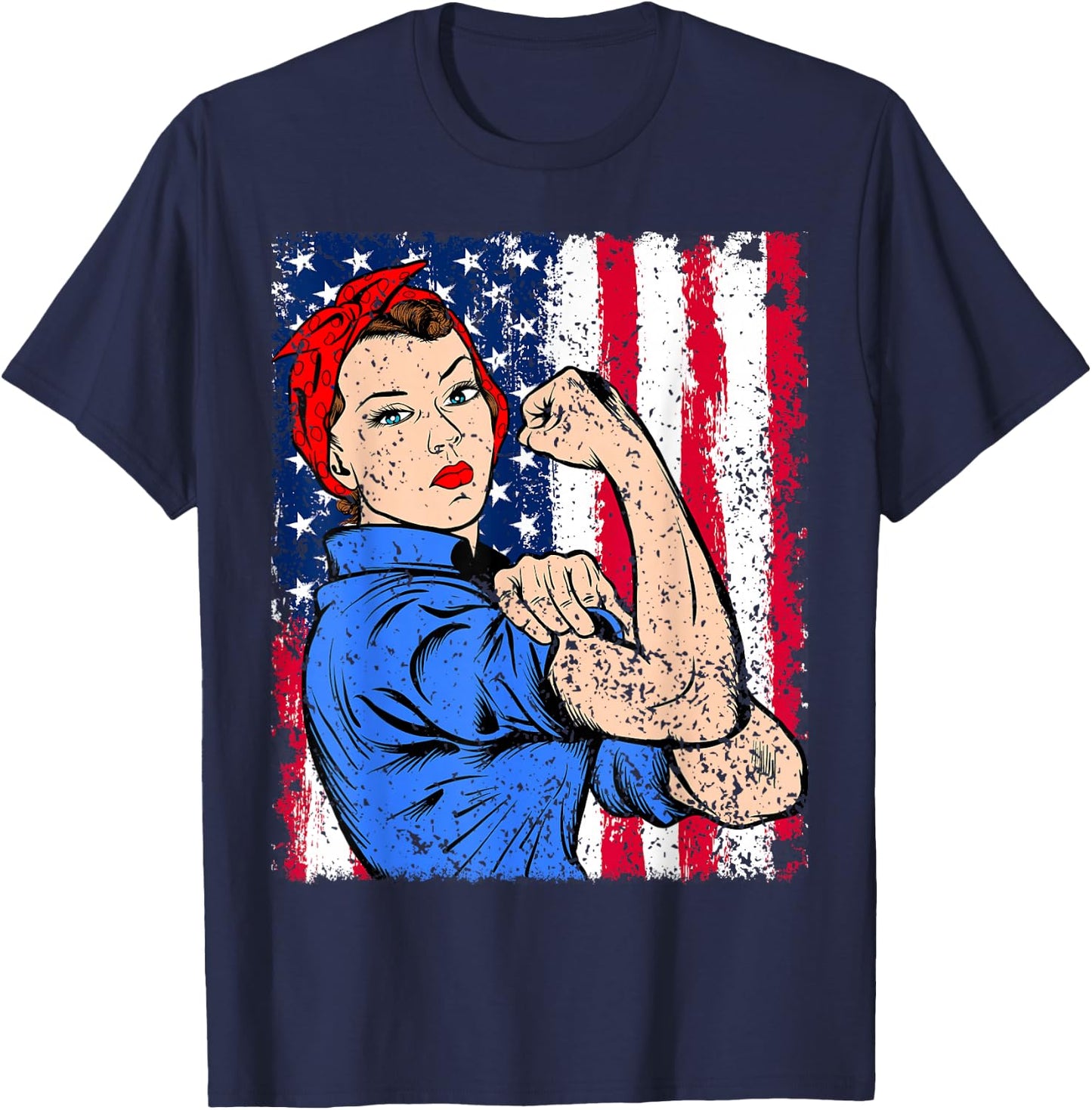 Rosie The Riveter Feminist Patriotic USA Flag 4th of July T-Shirt - T-Shirt | Navy