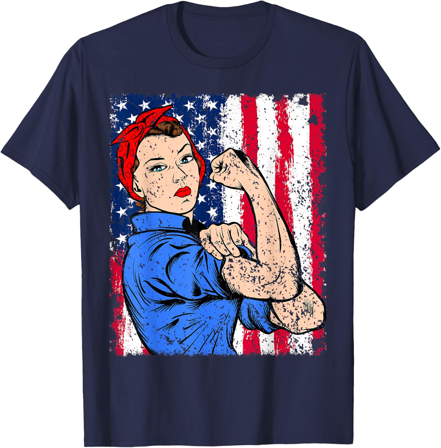 Rosie The Riveter Feminist Patriotic USA Flag 4th of July T-Shirt - T-Shirt | Navy