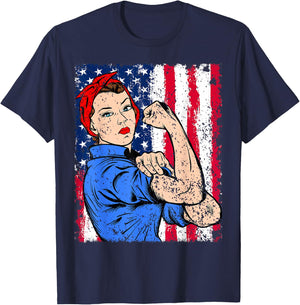 Rosie The Riveter Feminist Patriotic USA Flag 4th of July T-Shirt - T-Shirt | Navy