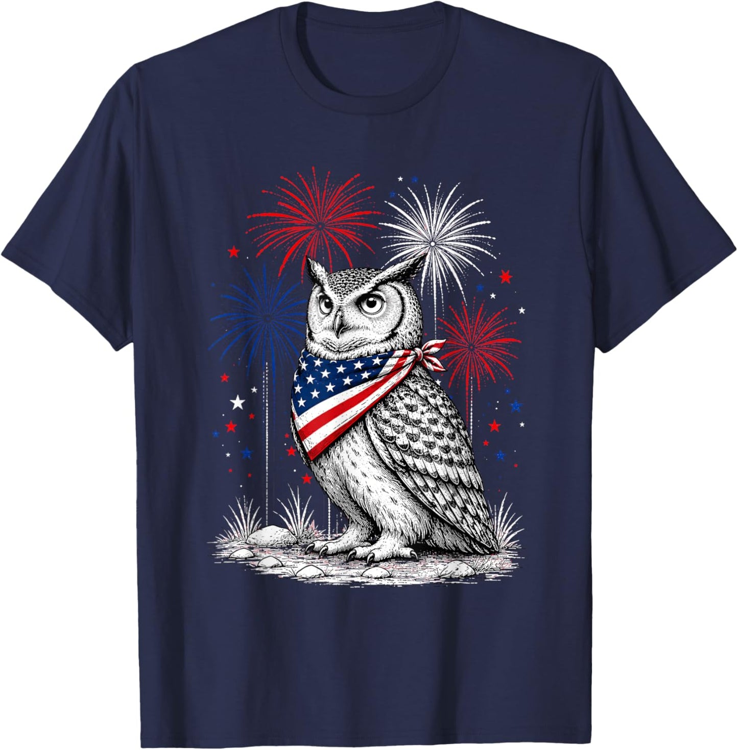 Owl America's 250th Patriotic Fireworks Animal Lovers T-Shirt - T-Shirt | Navy