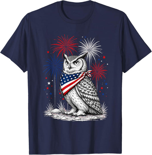 Owl America's 250th Patriotic Fireworks Animal Lovers T-Shirt - T-Shirt | Navy