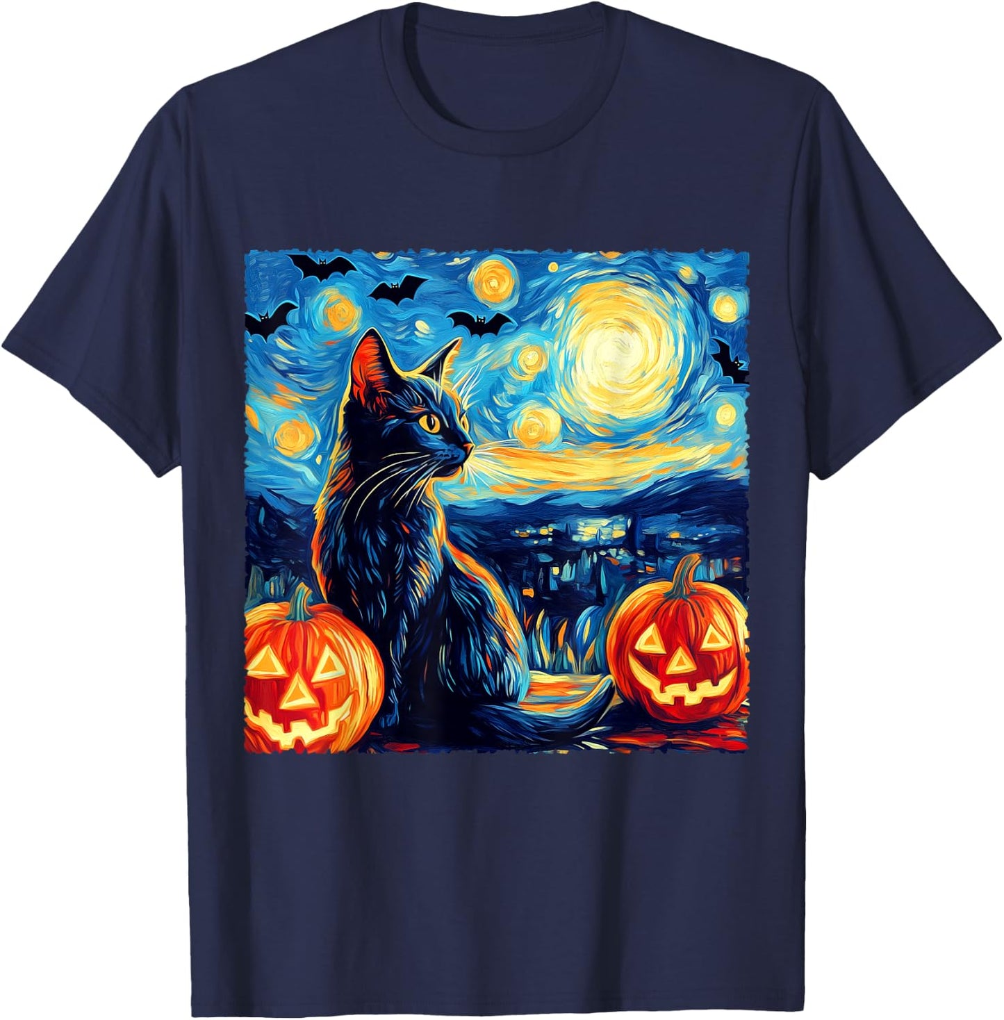 Cat Starry Night Van Gogh Cat Lover Bats Pumpkins Halloween Men Women Kids T-Shirt - T-Shirt | Navy