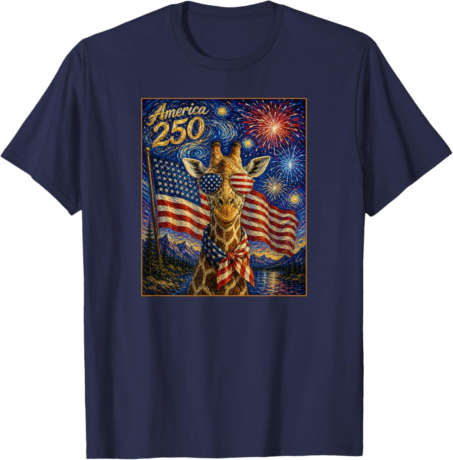 Giraffe Art on America 250 Anniversay 4th of July USA Flag T-Shirt - T-Shirt | Navy