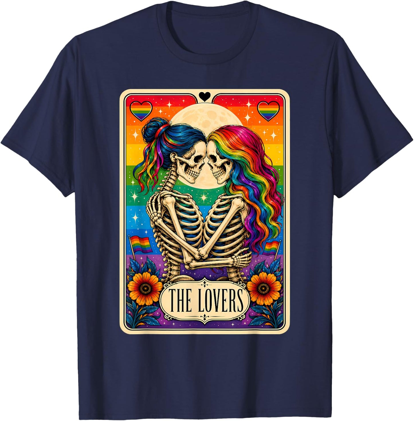 Tarot Card The Lovers Rainbow Kissing Lesbian Skeletons T-Shirt - T-Shirt | Navy
