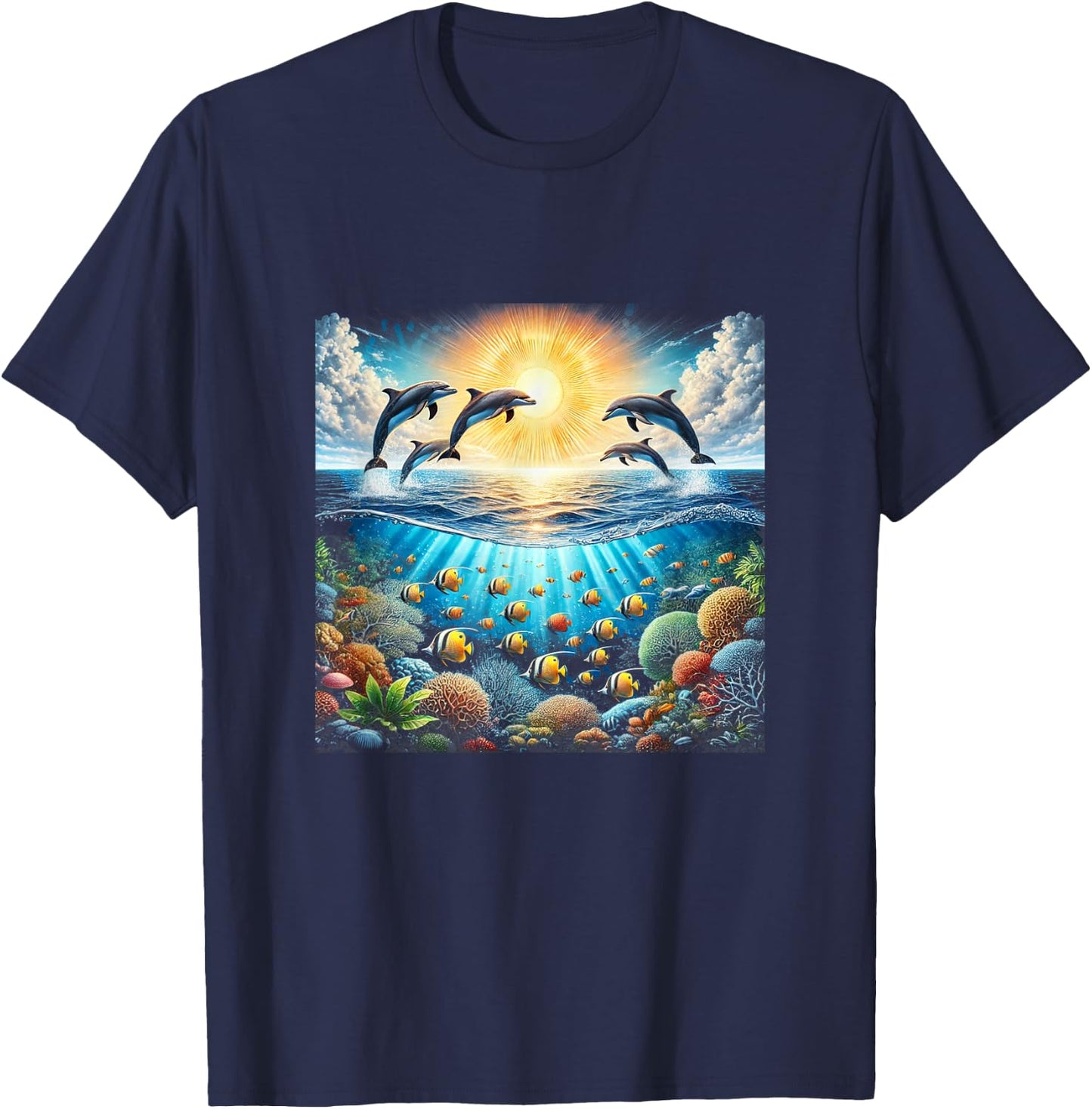 90s Dolphin, Aloha Hawaiian Dolphins, Colorful Beach T-Shirt - T-Shirt | Navy
