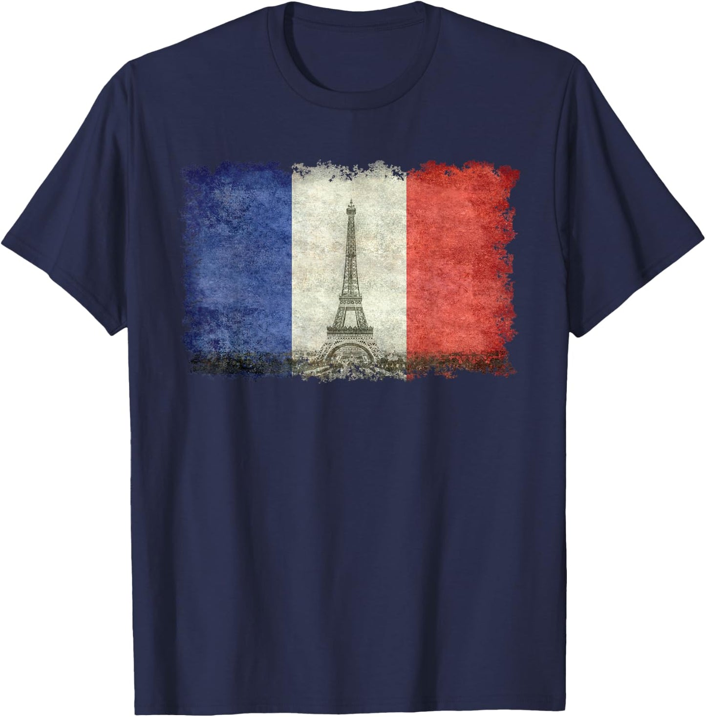 French Flag Vintage Postcard Style with Eiffel Tower T-Shirt - T-Shirt | Navy