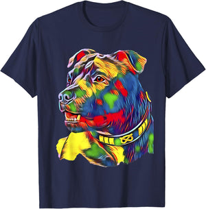 Watercolor Art Colorful American Staffordshire Bull Terrier T-Shirt - T-Shirt | Navy