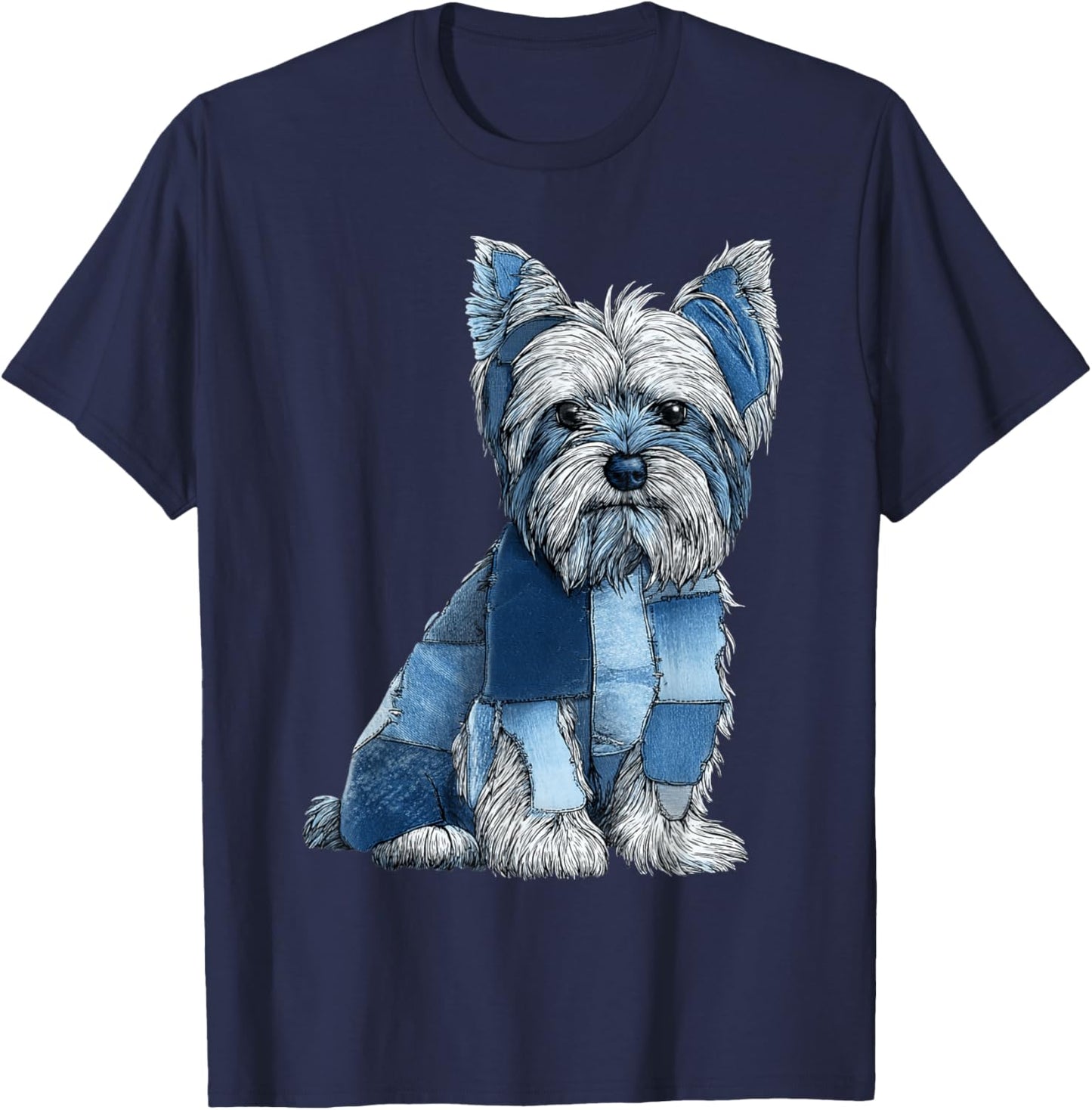 Funny Yorkshire Terrier Blue Denim Patchwork Graphic Animal T-Shirt - T-Shirt | Navy