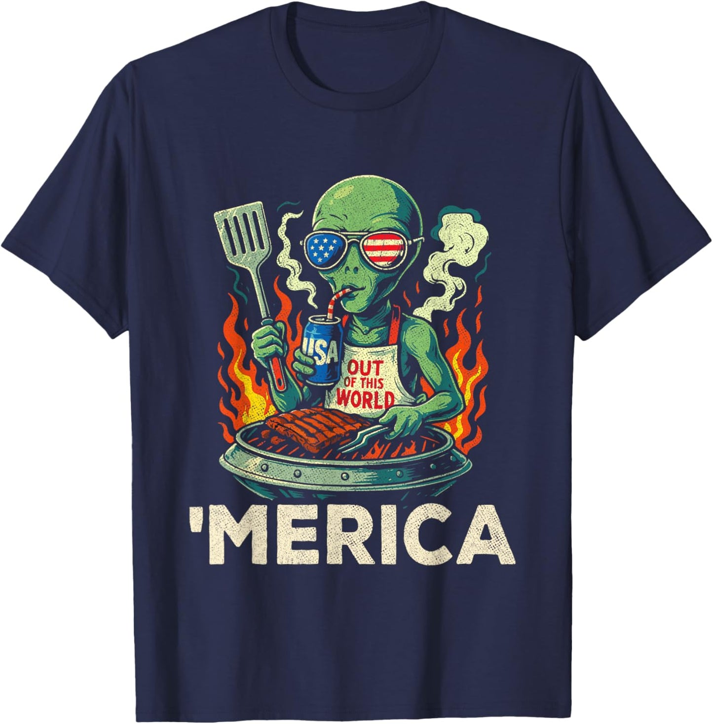 4th of July American Alien Grill - Merica USA - Funny Alien T-Shirt - T-Shirt | Navy