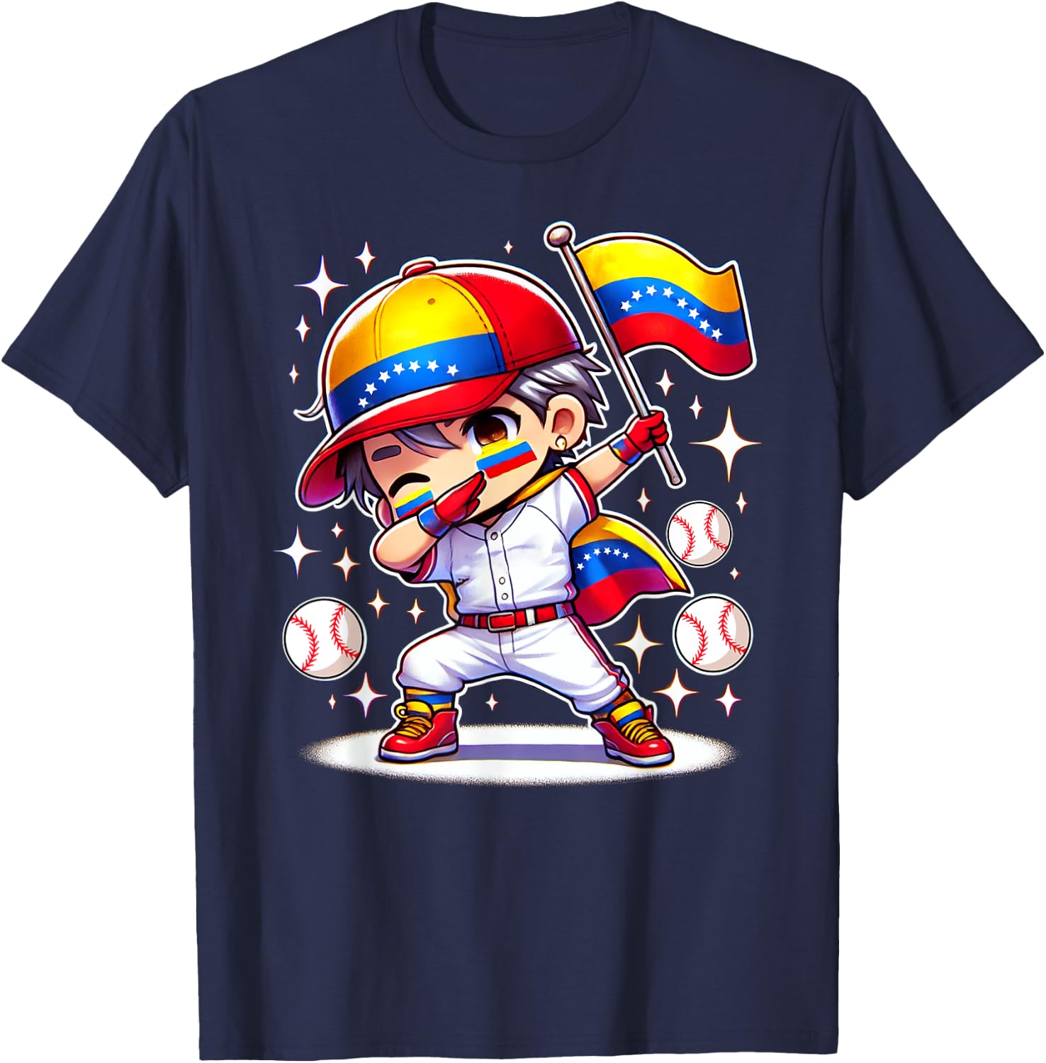 Venezuelan Baseball Kid Flag Celebration Dabbing Boy Dab T-Shirt - T-Shirt | Navy