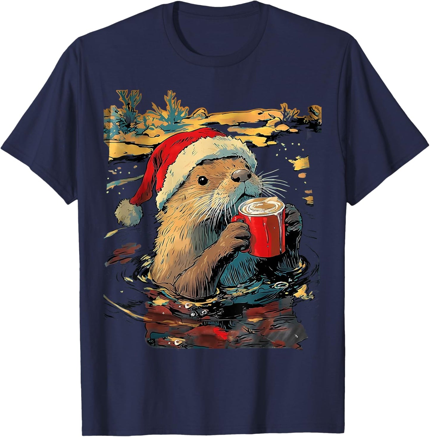 Christmas Otter Drinks Coffee Art Print T-Shirt - T-Shirt | Navy