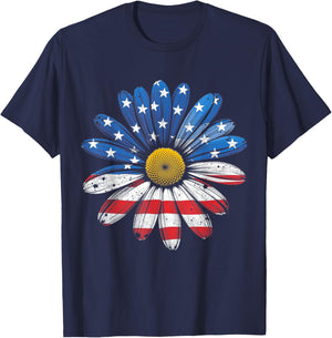 American Flag Flower 4th of July USA Patriotic Women Girls T-Shirt - T-Shirt | Navy