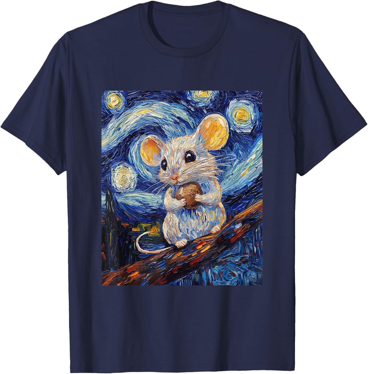 Cute Mouse Rat - Van Gogh Style - Starry Night Graphic T-Shirt - T-Shirt | Navy