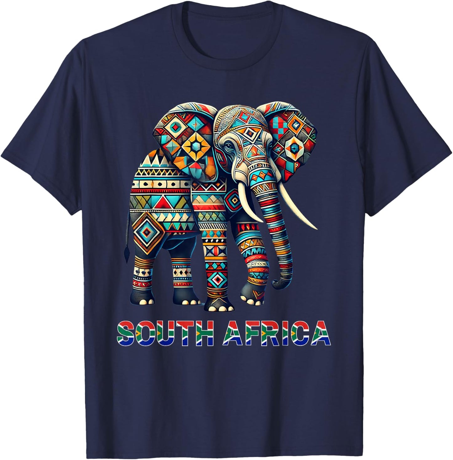 Geometric Elephant South African Tribal Wildlife Art T-Shirt - T-Shirt | Navy