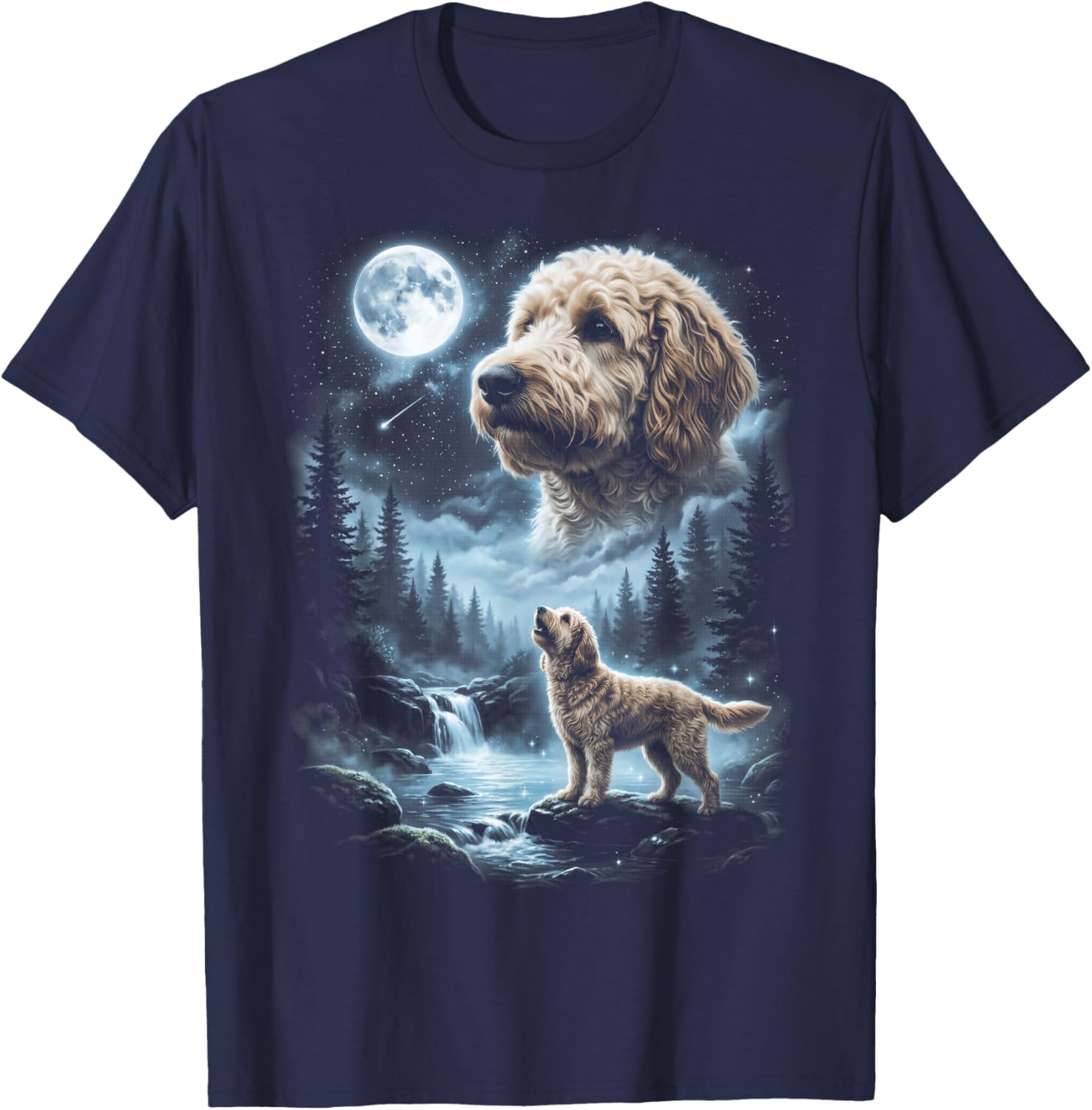 Goldendoodle Howling to the Moon Retro 90's Dog T-Shirt - T-Shirt | Navy
