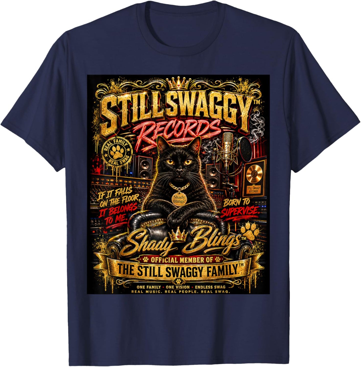 Shady Blings Still Swaggy Records Cat Family Graphic T-Shirt - T-Shirt | Navy