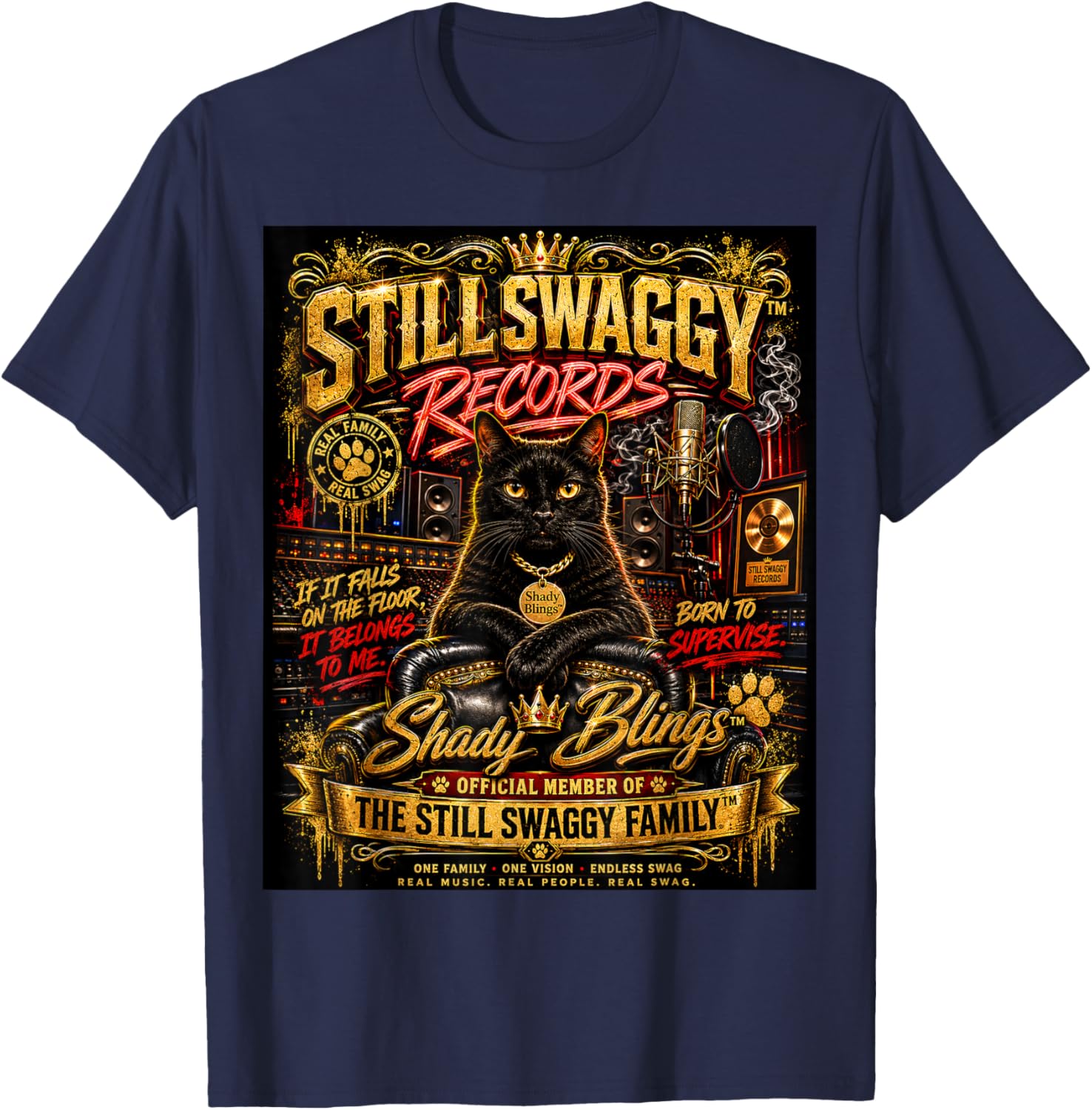 Shady Blings Still Swaggy Records Cat Family Graphic T-Shirt - T-Shirt | Navy