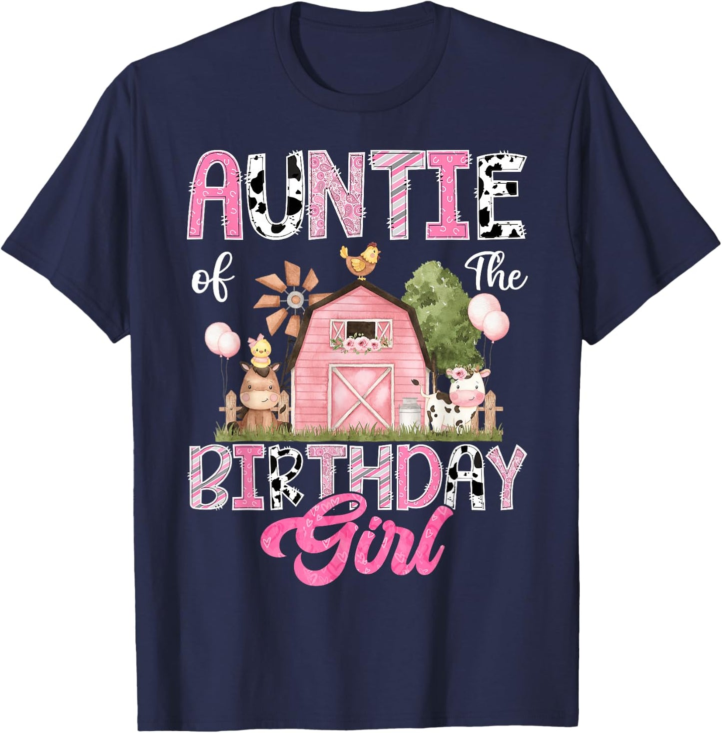 Auntie Of The Birthday Girl Farm Cow Pink 1St Birthday T-Shirt - T-Shirt | Navy