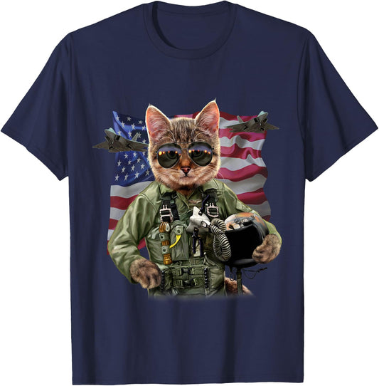 Cat Fighter Pilot with American Flag and Jets T-Shirt - T-Shirt | Navy