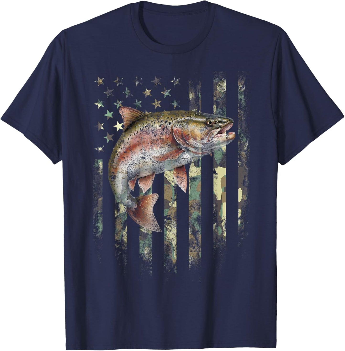 American USA Flag Rainbow Trout Fishing Camo Camouflage T-Shirt - T-Shirt | Navy