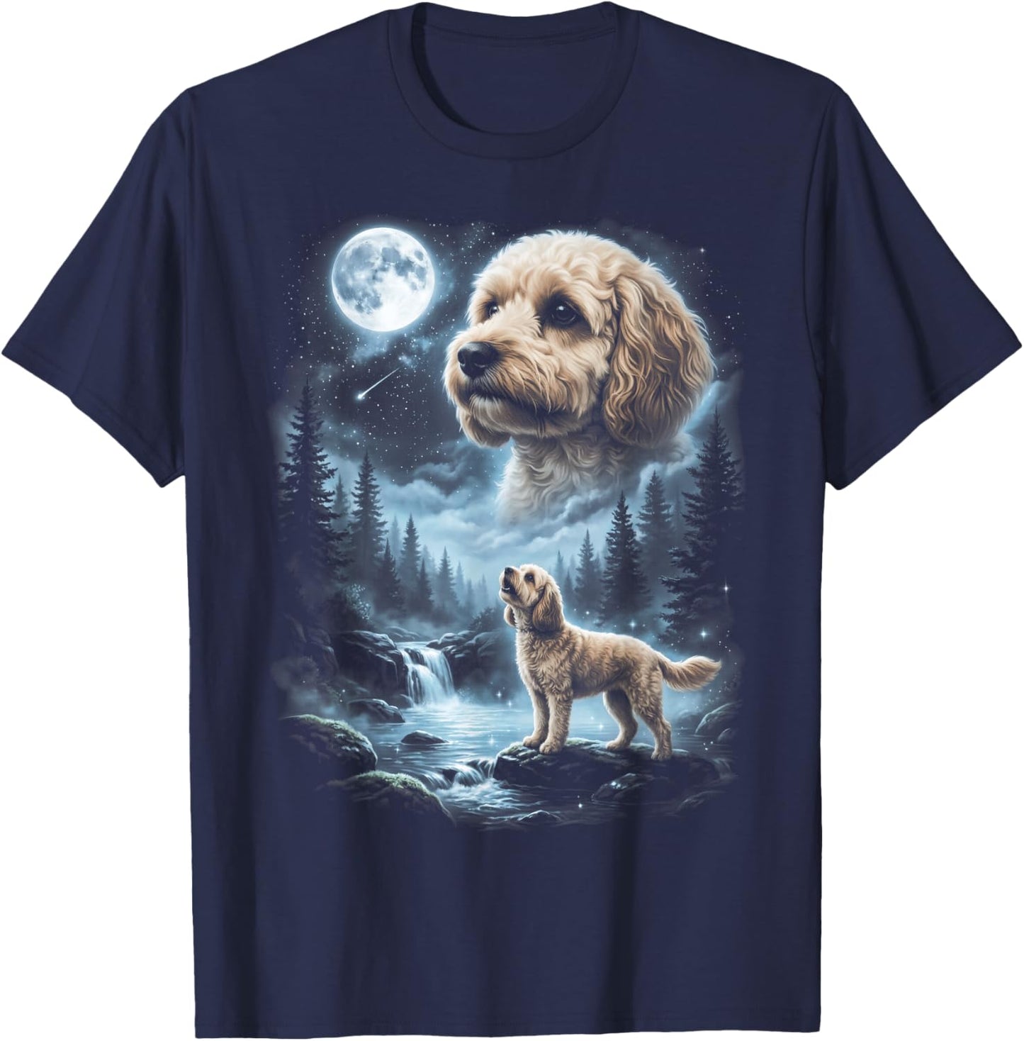 Cavapoo Howling to the Moon Retro 90's Doodle Dog T-Shirt - T-Shirt | Navy