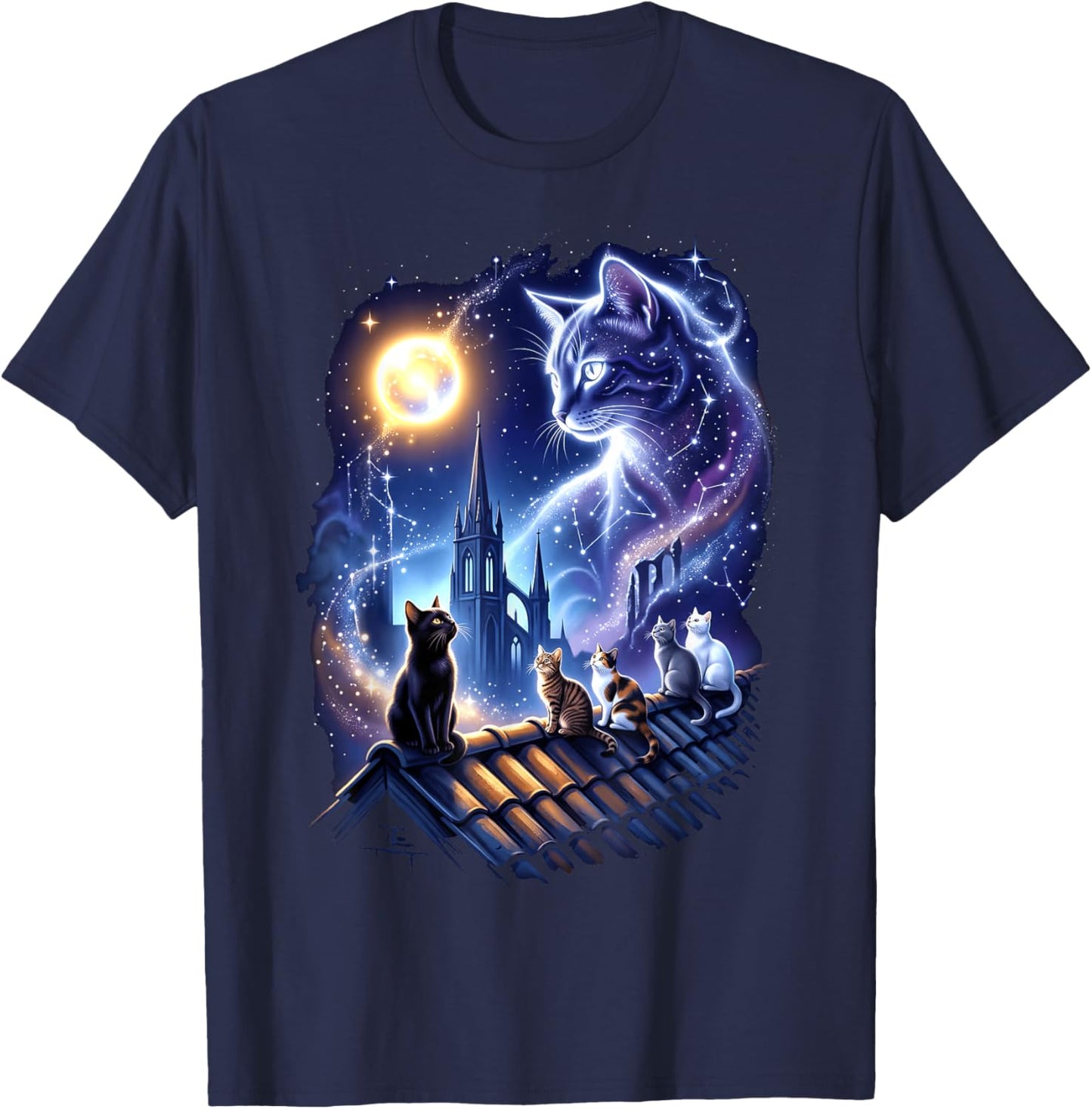 Cosmic Cat Constellation Magic Universe Kittens Moon T-Shirt - T-Shirt | Navy