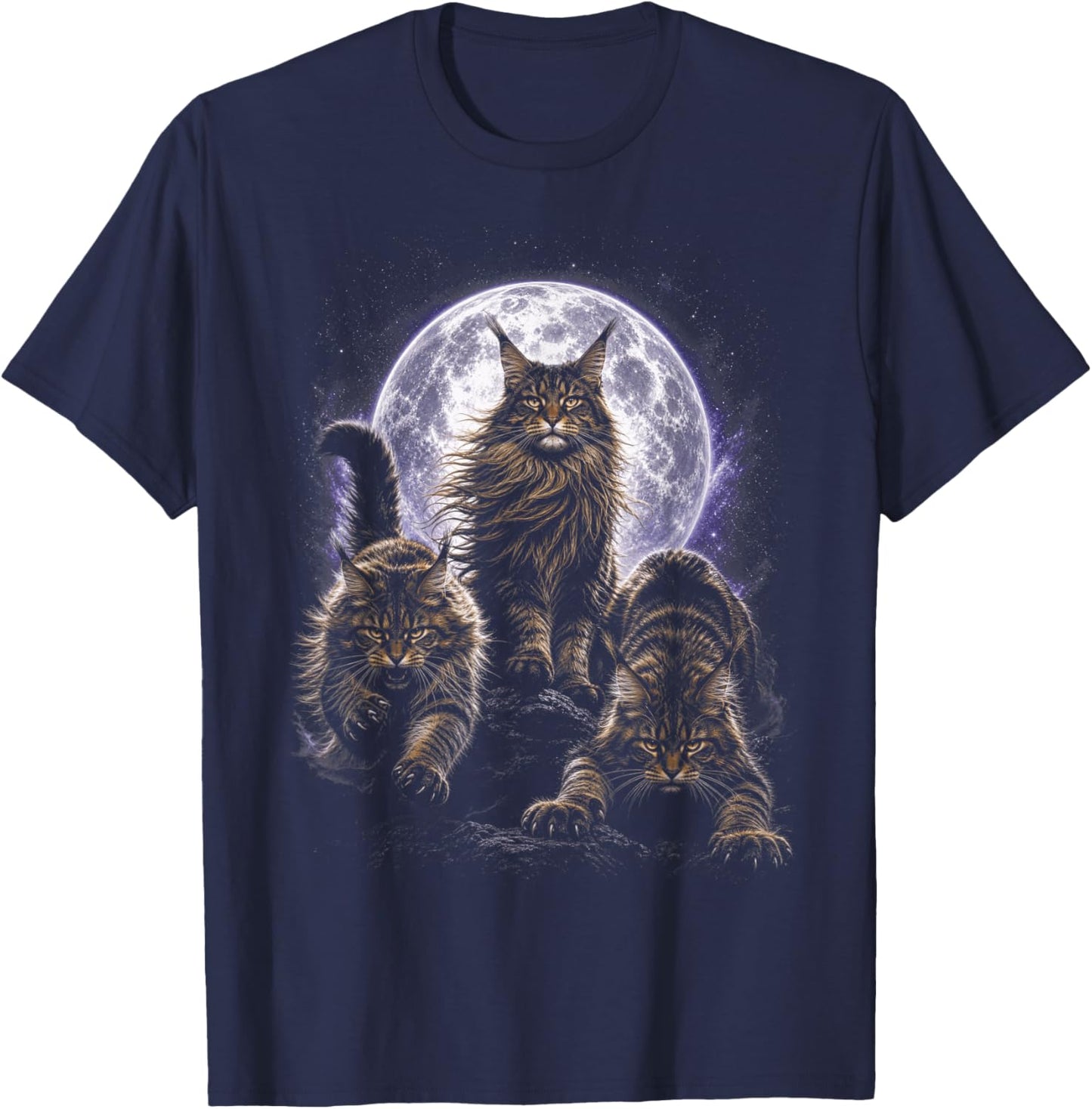Wild Cats Maine Coon Full Moon Celestial Feline Lover T-Shirt - T-Shirt | Navy