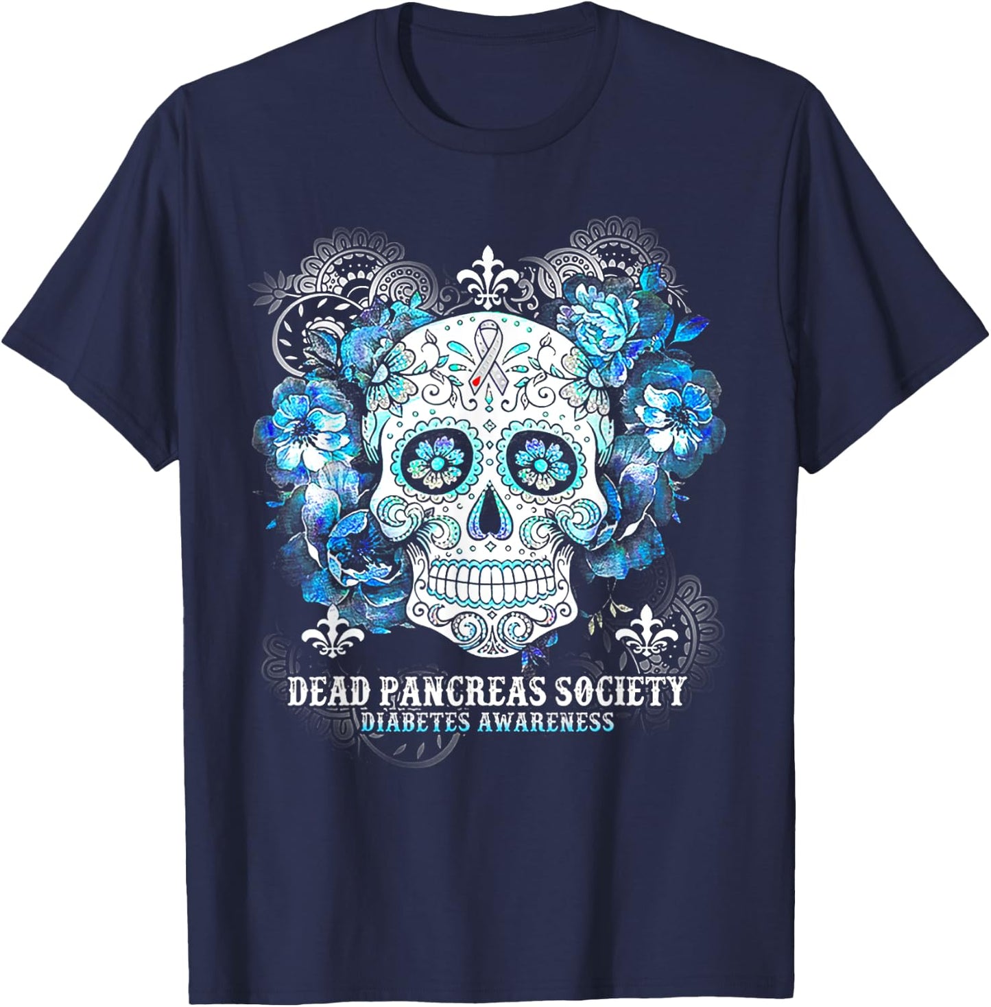 Dead Pancreas Society Diabetes Awareness Skull Flower T-Shirt - T-Shirt | Navy