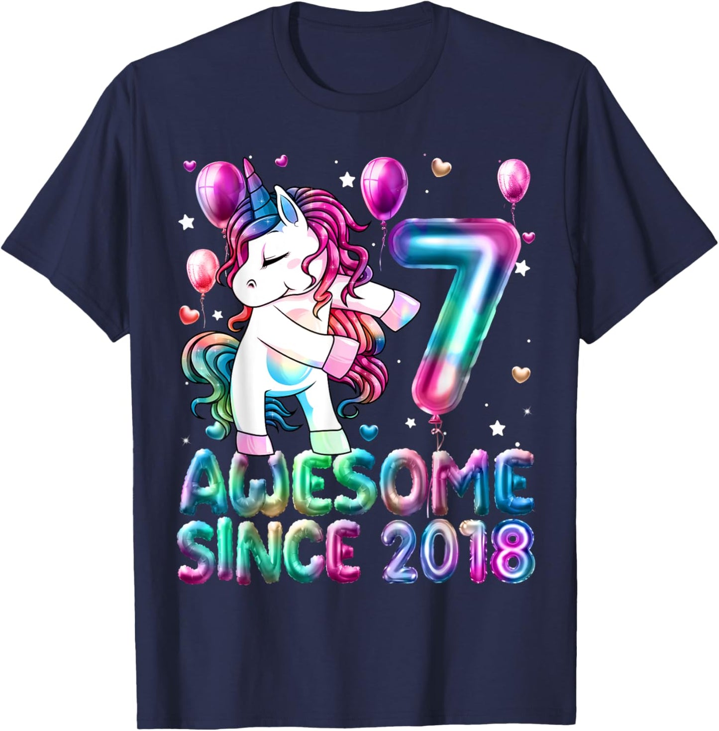Flossing Unicorn 7 Year Old 7th Birthday Girl Unicorn Party T-Shirt - T-Shirt | Navy