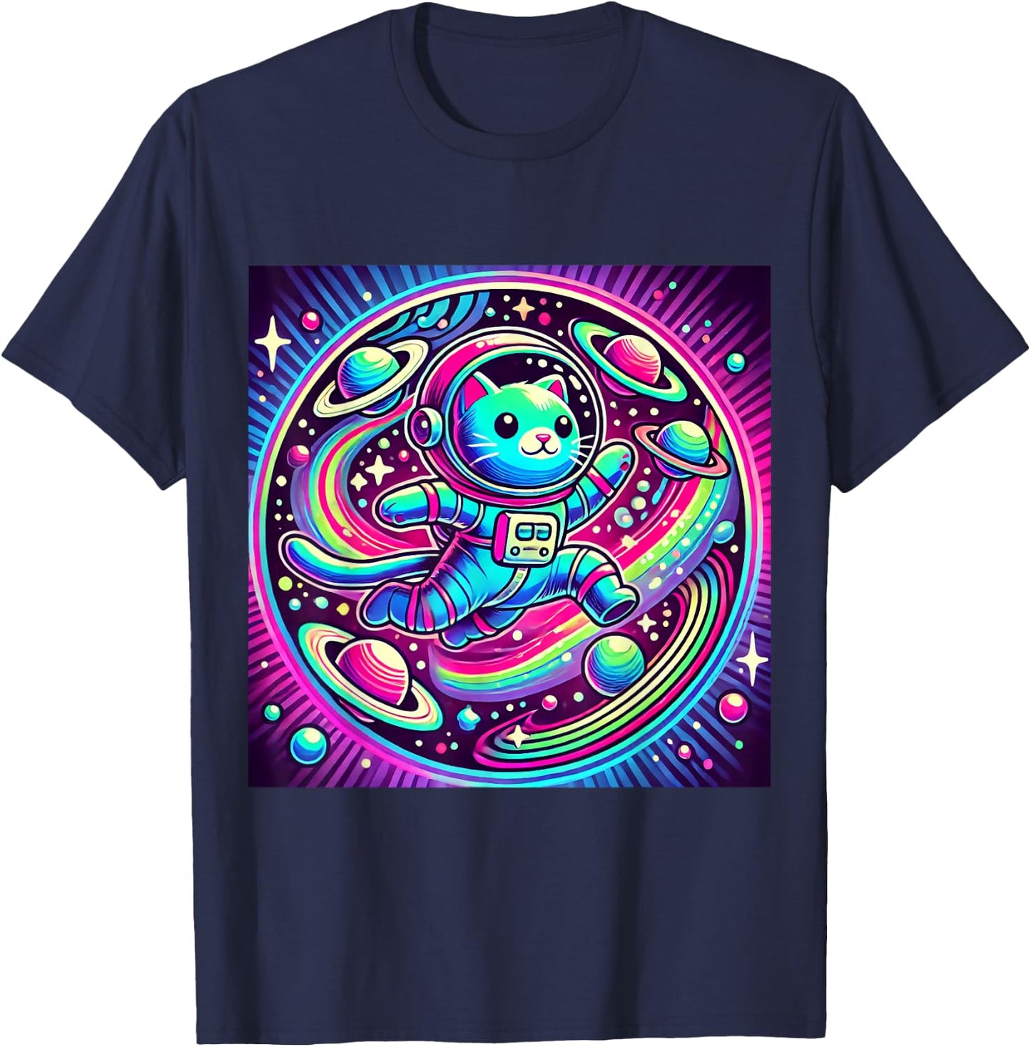 Astronaut Cat Flying Through a Neon Galaxy T-Shirt - T-Shirt | Navy