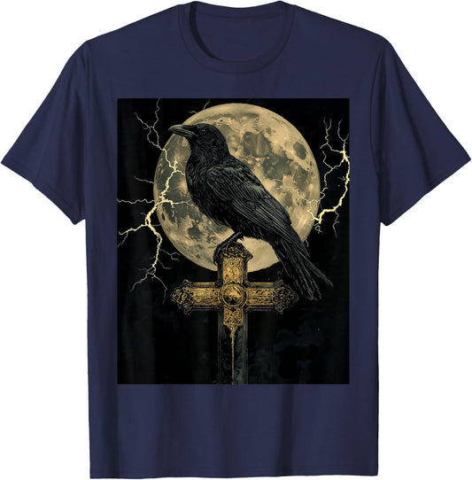 Raven Cross Moon Men Black Gothic Women Black Crow T-Shirt - T-Shirt | Navy