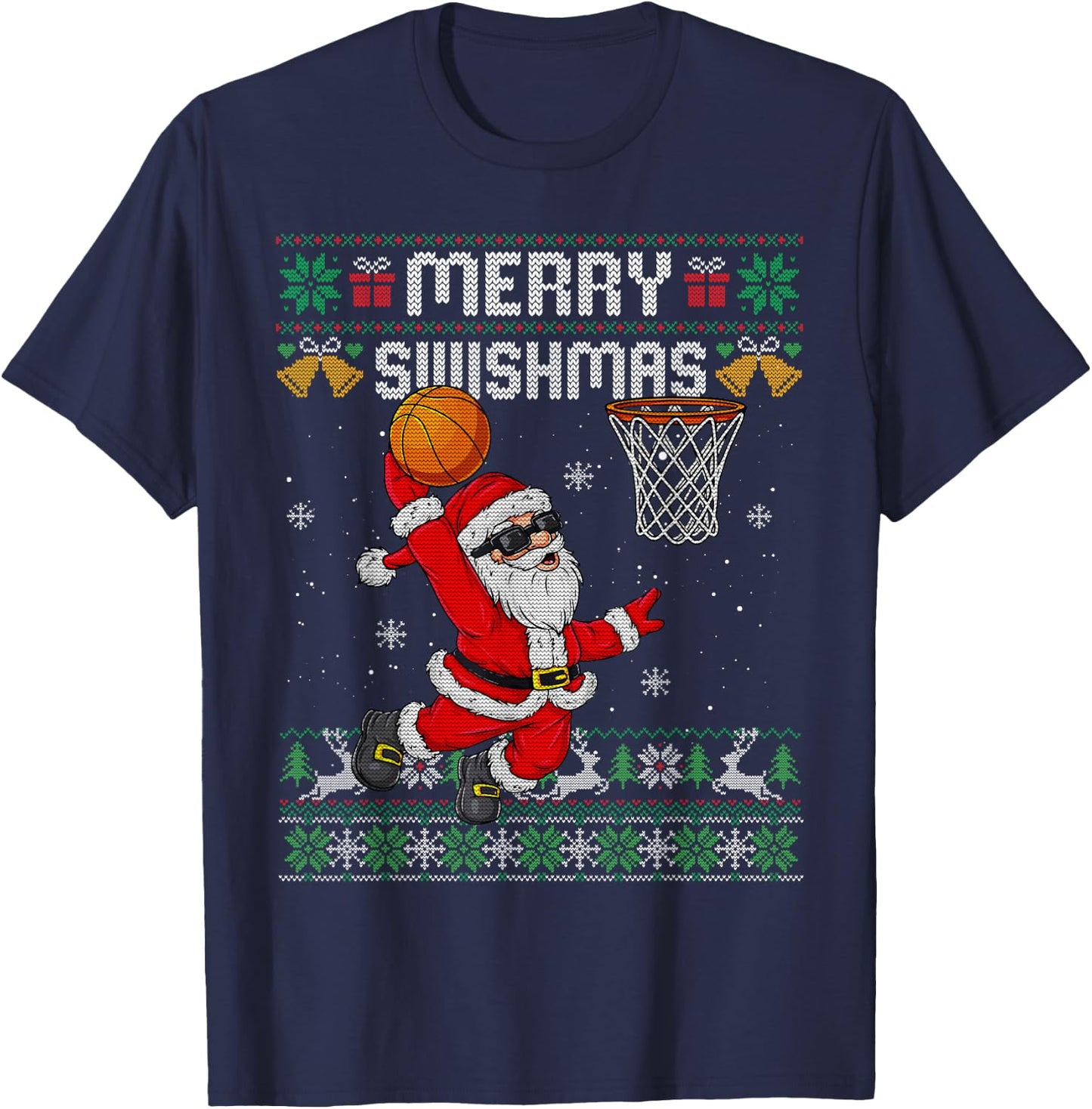 Merry Swishmas Ugly Christmas Sweater Funny Basketball Santa T-Shirt - T-Shirt | Navy