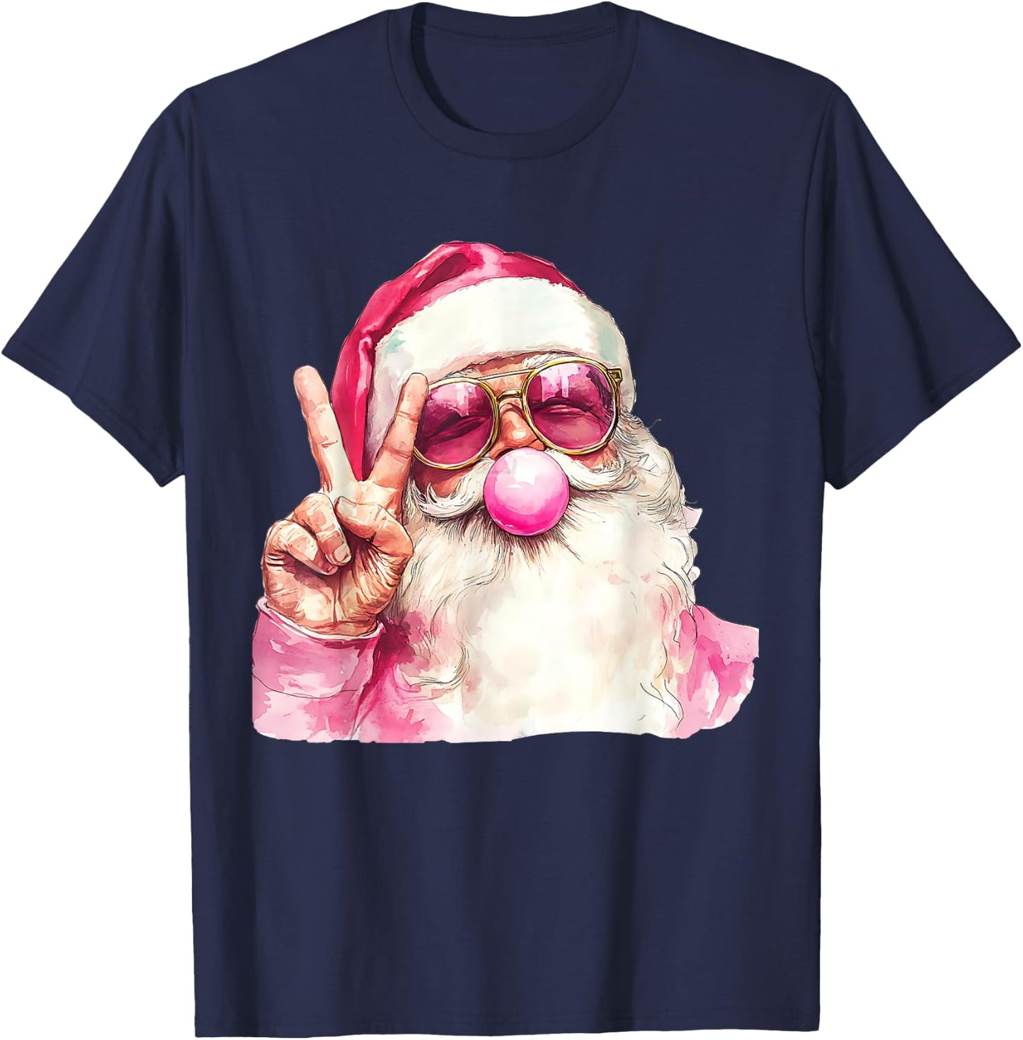 Cute Santa Christmas Blowing Bubble Gum With Pink Sunglasses T-Shirt - T-Shirt | Navy