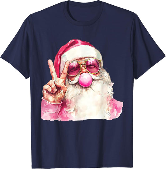 Cute Santa Christmas Blowing Bubble Gum With Pink Sunglasses T-Shirt - T-Shirt | Navy
