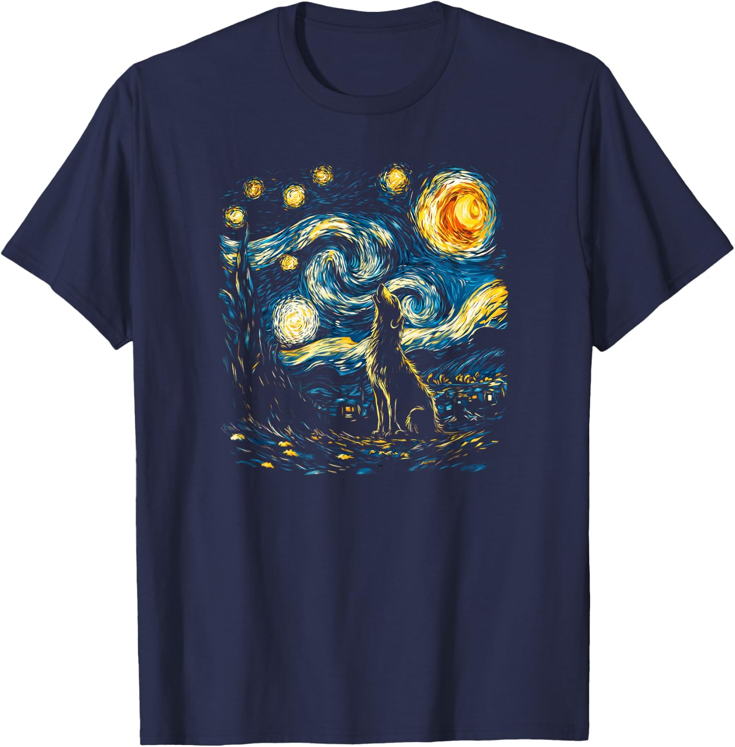 Wolf Starry Night Howling Moon Funny Van Gogh Graphic T-Shirt - T-Shirt | Navy