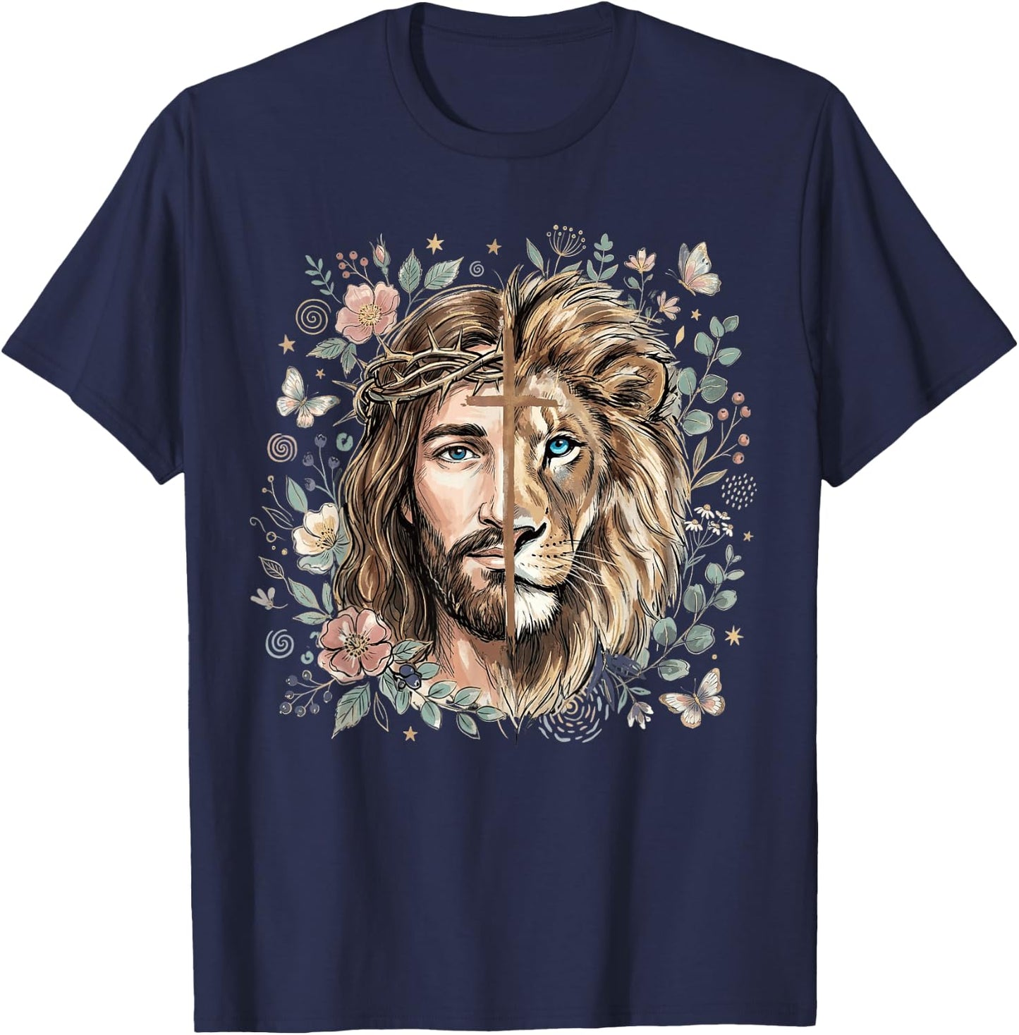 Lion of Judah Jesus Christian Cross Floral Faith Religious T-Shirt - T-Shirt | Navy