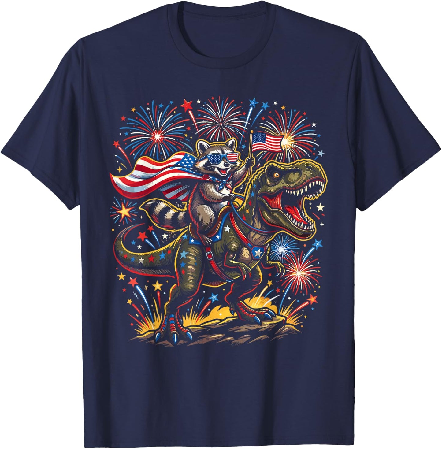 Funny 4th of July Shirts, Patriotic Raccoon Dinosaur T-Shirt - T-Shirt | Navy