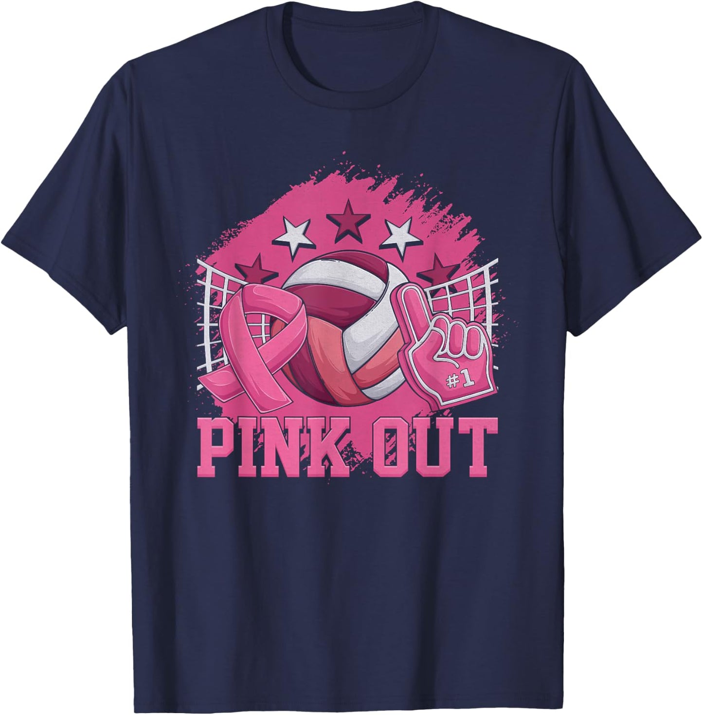 Pink Out Volleyball Pink Ribbon Breast Cancer Awareness T-Shirt - T-Shirt | Navy