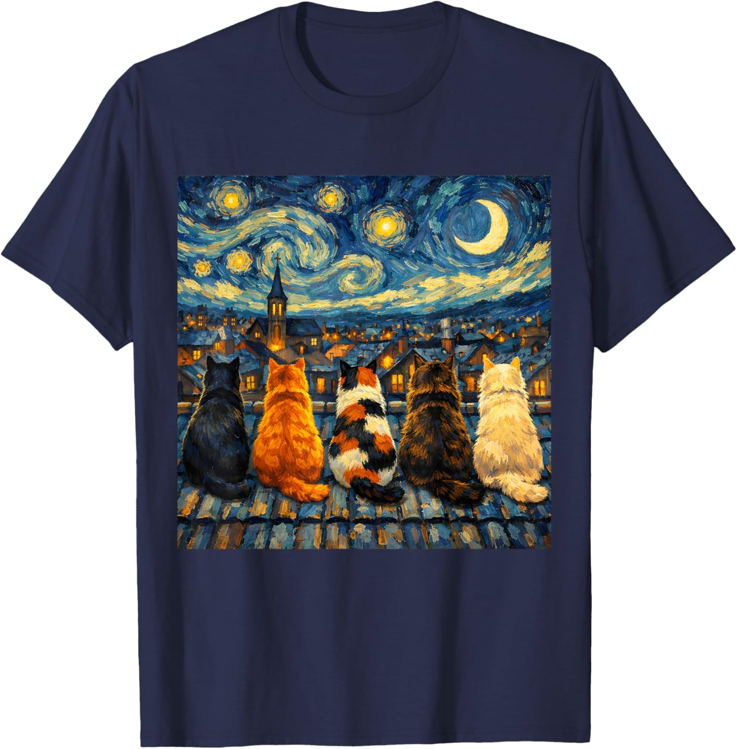 Funny Cat Starry Night Van Gogh Cats Rooftop Scene Feline T-Shirt - T-Shirt | Navy