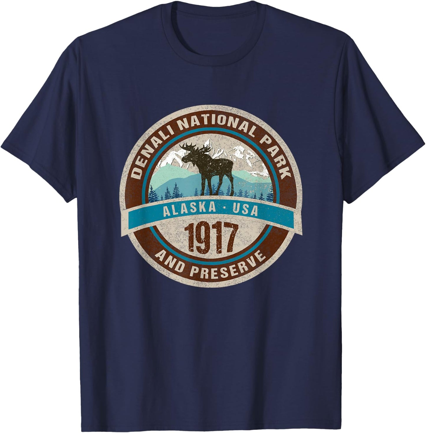 Denali National Park Alaska Vintage Moose Mountains Novelty T-Shirt - T-Shirt | Navy