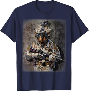 Rottweiler Dog as Army Commando in Full Tactical T-Shirt - T-Shirt | Navy