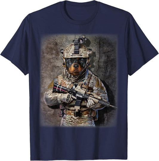 Rottweiler Dog as Army Commando in Full Tactical T-Shirt - T-Shirt | Navy